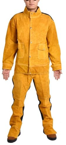DSQIANG Piel De Vaca Chaqueta De Soldadura Pantalón Traje Para Los Hombres, Traje De Soldador De Cuero Para Tareas Pesadas, Chaqueta Y Pantalones Incluidos, Resistente Al Calor Y La Llama
