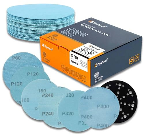 SpeTool 6 Inch Net Sanding Disc, 30 Pieces Anti-Blocking Ceramic Aluminum Oxide Mesh Sandpaper 5 of Each Grit 80, 120, 180, 240, 320, 400, Dustless Hook and Loop Mesh Sandpaper for Woodworking