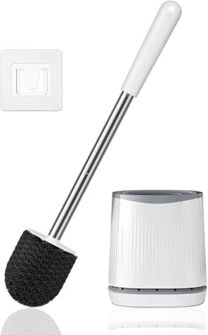 HiWODO Klobürste Wandmontage,Toilettenbürste mit Halter,Langer Stiel WC Bürste mit Belüftet Klobürstenhalter,Stehend Toilet Brush Klobürsten,WC Bürstengarnitur für Badezimmer Tiefenreinigung (Weiß)