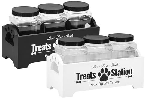 LuLobtg 2pack Dog Treat Container with 3 Airtight Treat Jars Plastic Dog Food Container with Wooden Holder Reusable Dog Cookie Jar Cat Treat Holder for Pett Dog and Cat(black+white)
