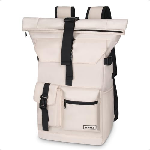 KYYLZ 28 L Roll Top Backpack Mens, Large Waterproof Rucksack Womens, School Bag with Laptop Compartment 17 inch, Waterproof Backpack for Travelling Rucksack for University bag Business Sports, Beige