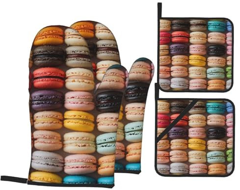 4 Pcs Macaron Biscuit Oven Mitts and Potholders,Kitchen Oven Glove with Pot Holders,Non-Slip Gloves High Heat Resistant 500 Degree for BBQ, Grill, Baking, Cooking, Oven, Microwave
