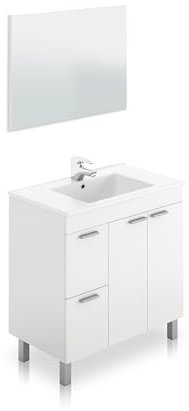 duehome | Mueble de Baño con 2 Puertas 2 Cajones y Espejo, Modulo Baño, Modelo Liz, Acabado en Blanco Brillo, Medidas: 80 cm (Ancho) x 80 cm (Alto) x 45 cm (Fondo)