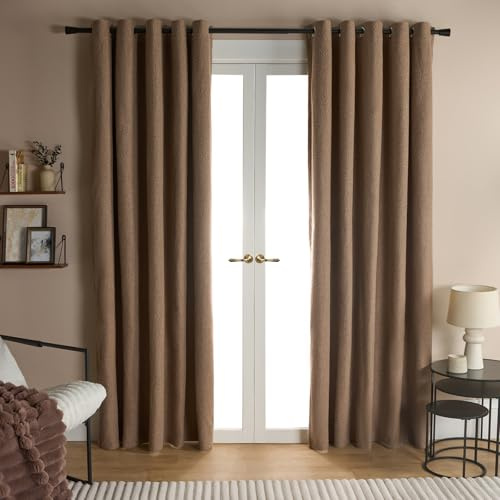 OHS Blackout Curtains for Bedroom, Super Soft Boucle Fabric Thermal Insulated Living Room Curtains Eyelet with Blackout Coating Back Layer 2 Panels, Natural - 90 x 90