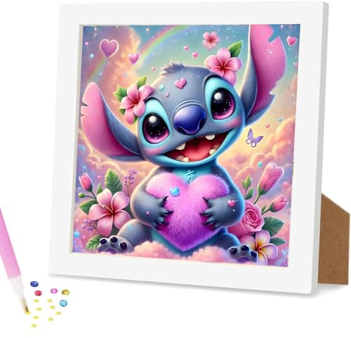 QINRUBB DIY Cartoon Diamond Painting Kits with Wooden Frame, Full Drill Stitch Diamond Art Kit for Beginners Elderly, 5D Heart Painting by Numbers DIY Craft Kits for Home Wall Decor 18x18 cm