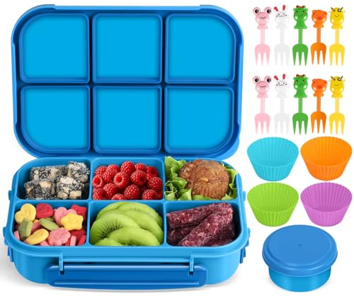 Amathley Lunch Box Kids Girls Boys,Bento Box Adult,Toddler Lunch Containers for School,Leakproof Snack Containers with 6 Compartments,Sauce Container,10 Food Picks and 4 Muffin Cups (Blue)