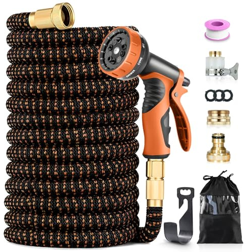 Expandable Garden Hose Pipe 150FT/45M, Flexible 3750D Fabric Water Hose with 10-Pattern Spray Nozzle, 1/2 & 3/4 Connectors, 4-Layer Latex Core for Garden Watering, Car Washing, Orange & Black