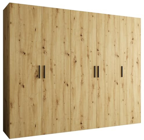 MEBLE KRYSPOL - Kleiderschrank - Garderobenschrank - 250 cm x 202 x 52 cm - Schrank mit Kleiderstange, 5 Türen - für Schlafzimmer, Flur - BARI, Artisan-Eiche, Griff Schwarz