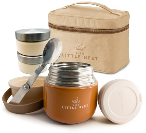 THE LITTLE NEST -Set Termo Comida Bebé 300 ml, 2 Contenedores, Earth Brown | Para papillas y sólidos bebé, acero inoxidable, sin BPA, cierre hermético, mantiene calor y frío, cuchara y estuche térmico