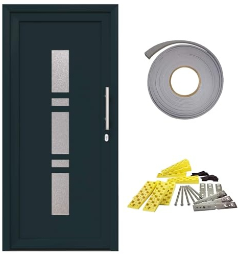 Puerta de entrada de PVC antracita 98 x 200 cm | Aislado, con inserto de cristal, incluye bisagras y asa, diseño moderno