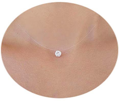 Collier transparent - finition ARGENT 925 - Petit ou Grand Solitaire Elements Pure Brillance ™ - Fil de Nylon/Pêche - invisible - Ras de cou - Pendentif brillant suspendu - Diamant Zircon