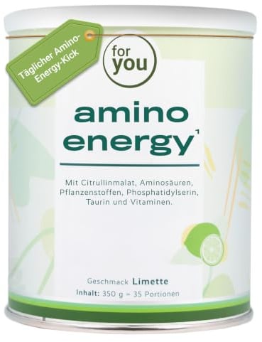 for you amino energy Limette - Pre-Workout-Booster - 350g Aminosäuren Pulver mit Citrullin Malat, Dextrin, L-Tyrosin, Taurin, Koffein aus Mate-Tee Extrakt - für mehr Energie Konzentration