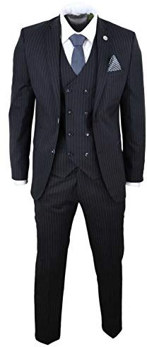 Mens 3 Piece Suit Gatsby 1920s Gangster Pinstripe Tailored Fit Black