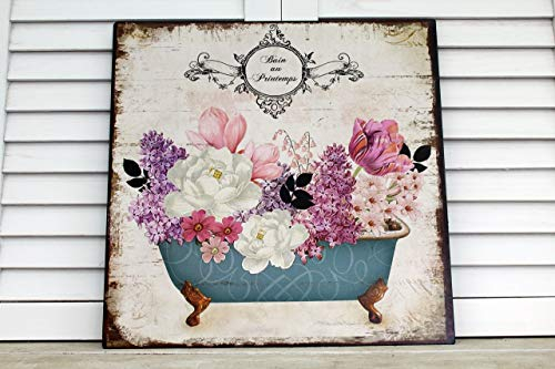 GH Unbekannt Shabby Blechschild Blumen Bad
