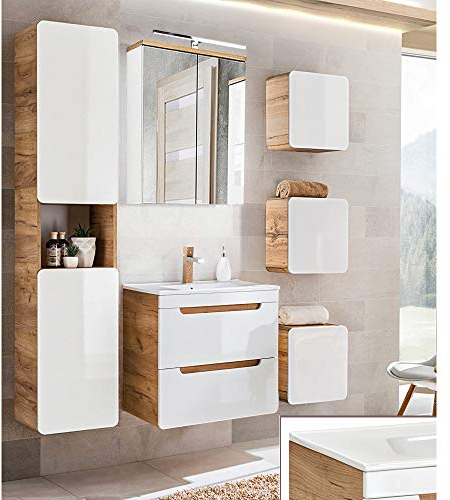 Lomadox Badmöbel Komplett Set, Hochglanz weiß mit Wotan Eiche Nb., 61 cm Keramik-Waschtisch, LED-Spiegelschrank, Hochschrank und 3 Hängeschränke