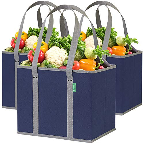 Reusable Grocery Bags (3 Pack) – Heavy Duty Reusable Shopping Bags with Box Shape to Stand Up, Stay Open, Fold Flat – Large Tote Bags are Foldable with Long Handles & Hard Bottom (Navy Blue)