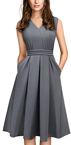 HOMEYEE Damen Vintage 50er Ärmellos Cocktail Retro mit Pocket Flared Kleid A196 (M, Grau)