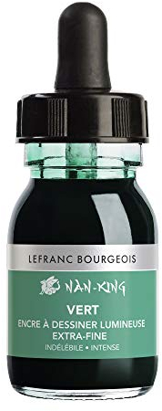 Lefranc Bourgeois 301280 Nan King Kalligrafie - und Zeichentusche, pigmentierte Tusche, hohe Farbbrillanz, Leuchtkraft für feinste Zeichnungen, Kalligrafie & Skizzen, 30ml Flasche - Grün