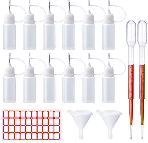 12 Pcs Precision Tip Applicator Bottles 10 ml Empty Needle Tip Glue Bottle Applicator DIY Quilling Tool Precision Bottle with 2 Mini Funnel 2 Pipettes for DIY Quilling Craft, Liquid Glue Oil Ink Paint