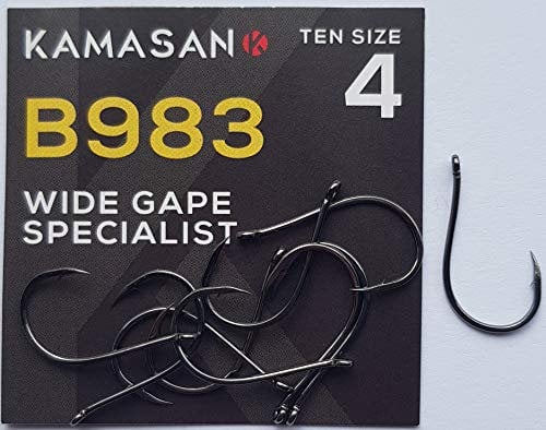 KAMASAN B983 WIDE GAPE SIZE 4 FISHING HOOKS WITH ANGLED EYE CARP COARSE TACKLE PERCH DROP SHOT DROPSHOTTING (10 HOOKS PER PACKET)