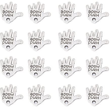 JIHUOO 100 Stück Metall Handmade Anhänger Hand Knopf Schild Label Anhänger Charm für DIY Handwerk Schmuck Herstellung Silber