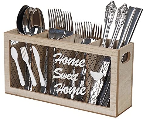 Optyuwah Cutlery Holder Organiser Wooden Kitchen Utensils Holder Cutlery Organiser Caddy, Cutlery Drainer Flatware Tableware Holder with 4 Compartments for Forks, Knives, Spoons, Chopstick