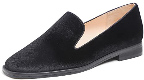 Feversole Women's Fashion Dress Comfort Low Heel Office Penny Loafer Flats Black Plain Welt Velvet Size UK 6.5