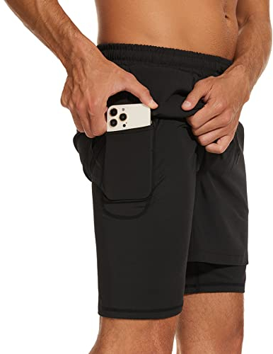 AMZSPORT Herren 2 in 1 Sport Shorts Kurze Sporthose Laufhose mit Reißverschlusstaschen, Schwarz XL