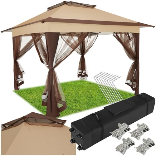 tectake® Luxury Marquee - BBQ Gazebo with Ventilated Roof & Mosquito Nets, Water- & UV-Repellent, Steel Frame, Easy Setup, Incl. Transport Bag with Wheels for Garden, Camping, Party - Brown