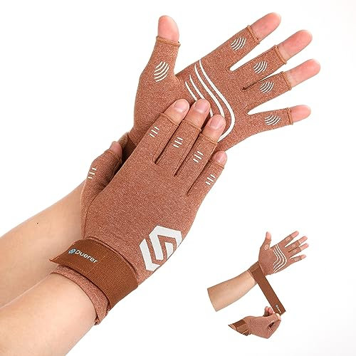 Duerer Arthritis-Kompressionshandschuhe mit Riemen, Damen Herren für RSI, Karpaltunnel, Rheuma, Sehnenscheidenentzündung, Handschmerzen, Handstütze. Fingerlose Handschuhe für Computer (Braun, XL)