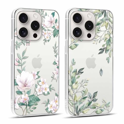 Yoedge 2 Stück Durchsichtig HandyHülle für Apple iPhone 15 Pro Hülle Blumen 6,1, Transparent Silikon Handy Hülle für iPhone 15 Pro Case 3D Muster Aesthetic Mädchen Frauen Geschenk Schutzhülle Cover