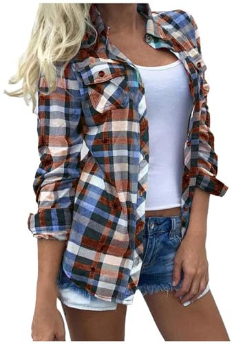 NSICBMNO Chemises à carreaux pour femme - Chemise de cowboy avec poches - Haut à manches longues - Chemise boutonnée pour femme - Chemisiers surdimensionnés pour petit ami - Cardigan ouvert sur le