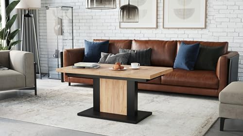 designimpex Design Couchtisch Tisch Orion stufenlos höhenverstellbar ausziehbar 120 bis 180cm Esstisch, Farbe:Eiche Gold Craft - Schwarz matt