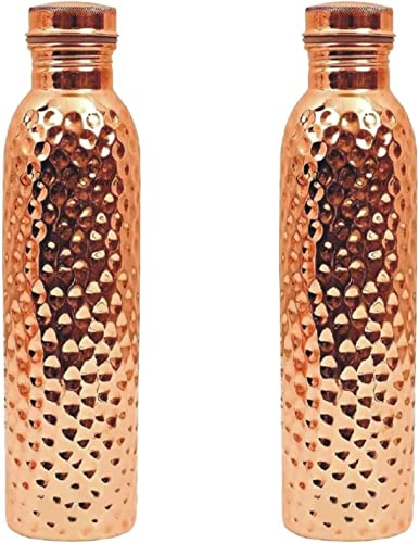 SHYAMVUN Drinking Water Botle Copper Drinking Bottle Pure Natural Bottle Water Bottle 34 oz/1000 ml Leak-Proof Ayurveda Copper Bottle for Office and Yoga (Hammered SET OF 2)