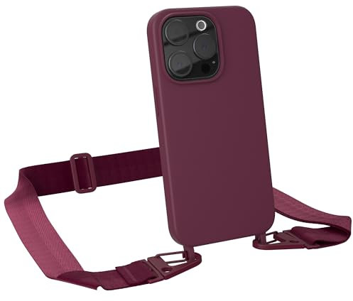 EAZY CASE - Handykette mit Band kompatibel mit iPhone 15 Pro - dünne Handyhülle für iPhone 15 Pro Hülle Silikon stoßfester Fallschutz Kette zum Umhängen Hülle mit Band in Beere - Clips Beere