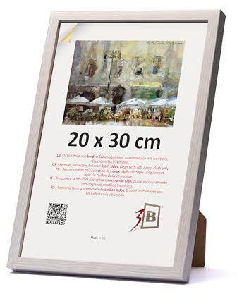3-B Bilderrahmen MEGA - Weiß mit optischer Holzmaserung - 20x30 cm - Holzrahmen, Fotorahmen, Portraitrahmen mit Acrylglas