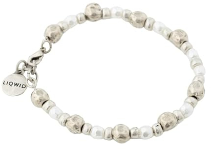 LIQWID Armband Herren Damen Genderfluid, Armband mit Metallelementen mit Hammerschlag-Effekt und weißen Harzperlen, recyceltes Material, verstellbarer Verschluss - PRODUKT 100% MADE IN ITALY (L)