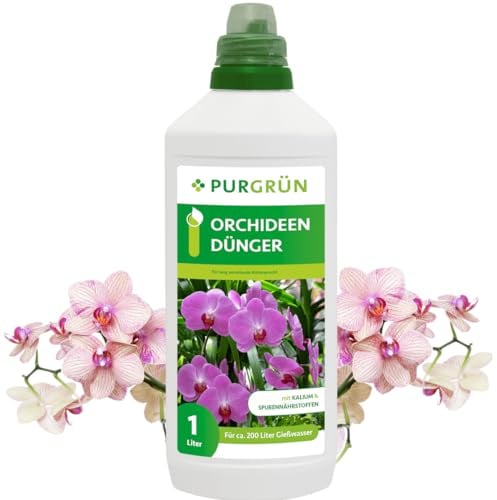 Purgrün® Orchideendünger 1 Liter – Lang anhaltende Blütenpracht dank Guano – Vollspektrum Nährstoffe für gesundes Wachstum – Konzentrat für ca 200 Liter Gießwasser – Premium-Flüssigdünger