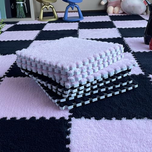 12 Stück Ineinander Greifende Teppichfliesen Mit Rand, Weiche Flächenteppiche, Quadratische Plüsch-Puzzle-Bodenmatte, Flauschige Spielmatte-Bodenfliesen Für Da(Size:0.23 inch,Color:Rosa+Schwarz)
