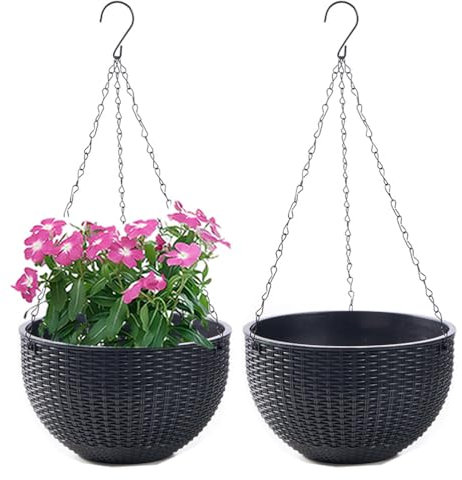 WOWEI 2 Pezzi Vasi da Parete, Vasi da Appendere in Plastica, Vasi da Fiori Sospesi Autoirriganti Vasi da Parete con Serbatoio dell'acqua e Foro di Scarico, Porta Vasi Sospesi con Catene (Nero, L)