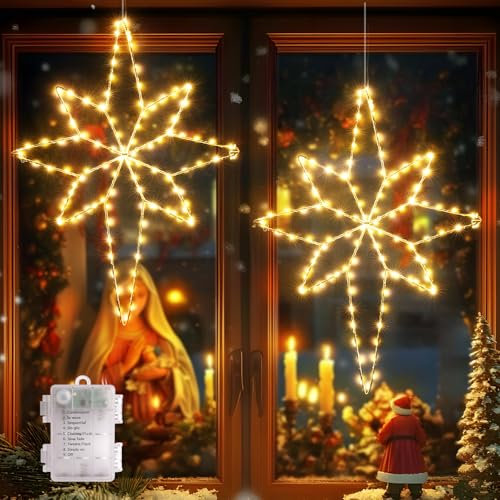 Quntis Christmas Window Lights, 58cm Bethlehem Star Window Lights 118LEDs Battery Powered with 8 Modes & Timer, Large Star Xmas Window Decorations Lights Indoor Outdoor Warm White 2 Pack