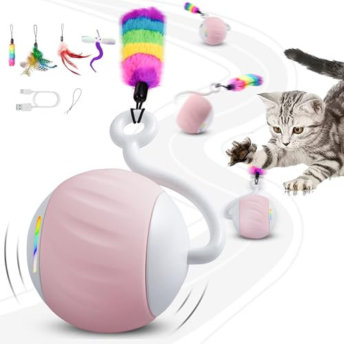 haheita Interactive Cat Ball Toy for Bored Indoor Pet, Automatic Moving Cat Ball with 4 Feather & LED Flash Lights, Smart Sound and Touch Control, USB-C Rechargeable