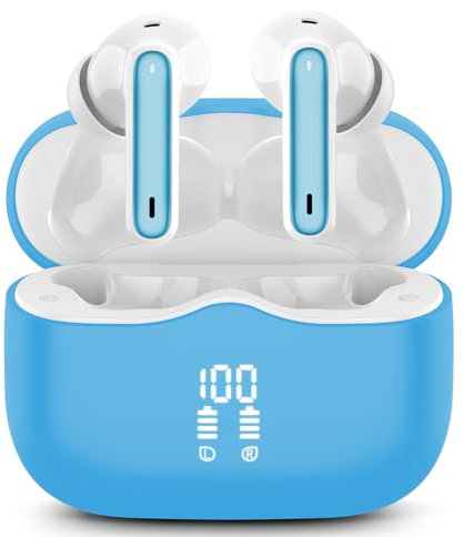 buwy Auriculares Inalambricos, 40H Auriculares Bluetooth 5.4 Ultraligero con HD Mic HiFi Estéreo, 4 ENC Cancelacion Ruido, Pantalla LED, IP7 Impermeable Cascos Inalambricos, Lago Azul