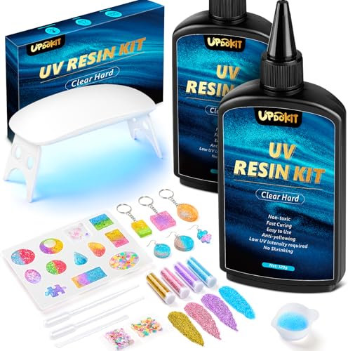 UPDOKIT UV Resin mit UV Lampe, 240 g UV Resin Hart Kristallklares von Schmuck Herstellung, Ohrringe, Halsketten, Armbändern, Kunst Anhänger, DIY Handwerk