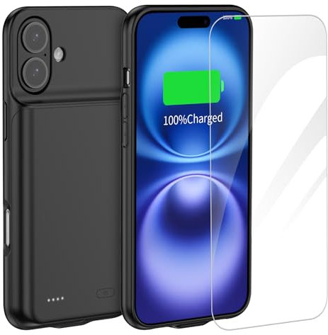 FLSTOR Battery Case for iPhone 16, 7000mAh Portable Rechargeable Charging Case Compatible with iPhone 16 (6.1- inch) with Screen Protector, Black