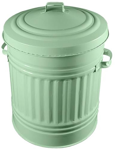 KetoPlastics Sage Green Metal Bin with Dustbin Lid Strong Steel 30L Bin Ideal for the Home, Kitchen Rubbish, Waste, Outdoor/Indoor Bin, Animal Feed, Pet Food Bin - 30L