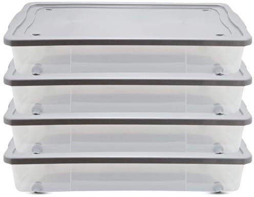 ALEEZ 47L Underbed Storage Box With Lid - Set of 4 Under Bed Space Saver With Wheels - Large Portable Clothes Organizer - Nestable Clothes Container - Stackable Multipurpose Transparent Laundary Boxe