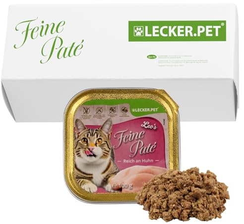 Lecker.Pet® 17 x 100 g Leo's Feine Paté Reich an Huhn Katzenfutter | Nassfutter in praktischer Schale - Getreidefrei & Glutenfrei - Vollnahrung für Katzen - Reich an Proteinen & Mineralien