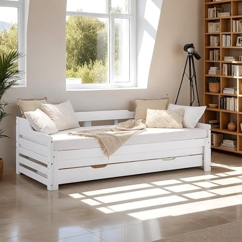 Homestyle4u Tagesbett ausziehbar Holzbett 90x200 mit Lattenrost 2 Matratzen Ausziehbett gleiche Höhe Stauraum Bettkasten