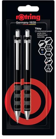 Rotring Tikky Set aus Feinminenstift und Kugelschreiber | Bleistift mit HB-Mine, 0,7 mm | Schreibgerät mit mittelgroßer Spitze | Schaft in Schwarz | Leicht mit gummierter Griffzone